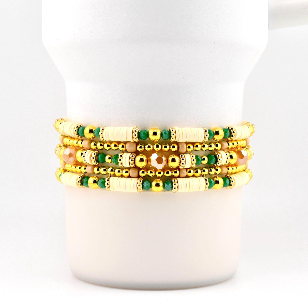 Heirloom Floral Cream Bracelet Collection: Green Gold and Cream Beaded Handmade Bracelets