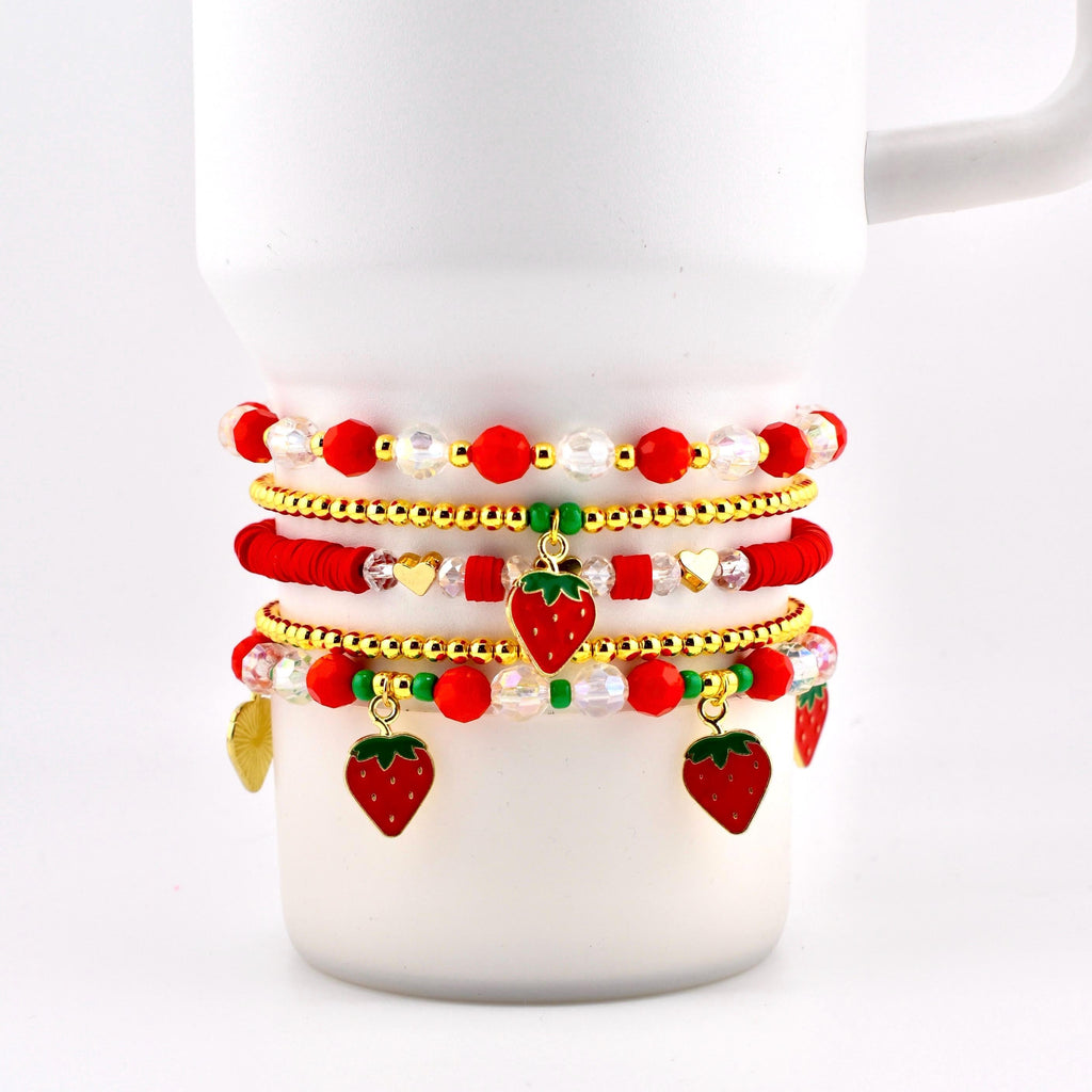 Berry Sweet Strawberry Charm Bracelet Stack | Red Green and Crystal Beaded Bracelets