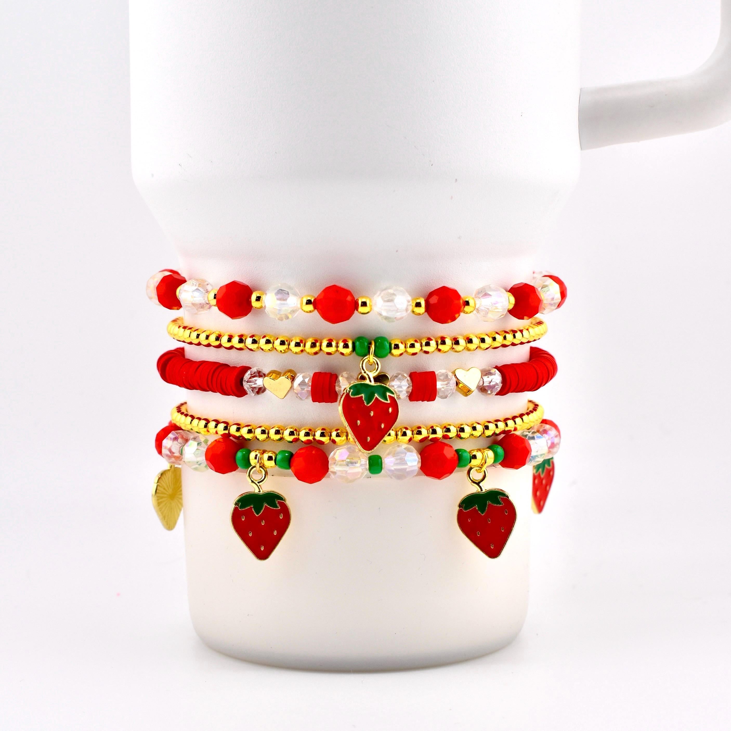 Berry Sweet Strawberry Charm Bracelet Stack | Red Green and Crystal Beaded Bracelets
