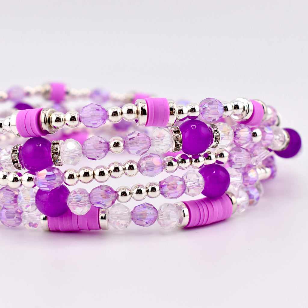 Sparkling Lilac Purple Bracelet Collection: Purple and Silver Beaded Stackable Bracelets