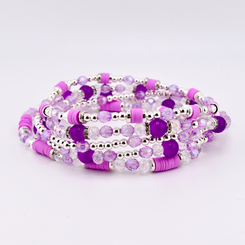 Sparkling Lilac Purple Bracelet Collection: Purple and Silver Beaded Stackable Bracelets