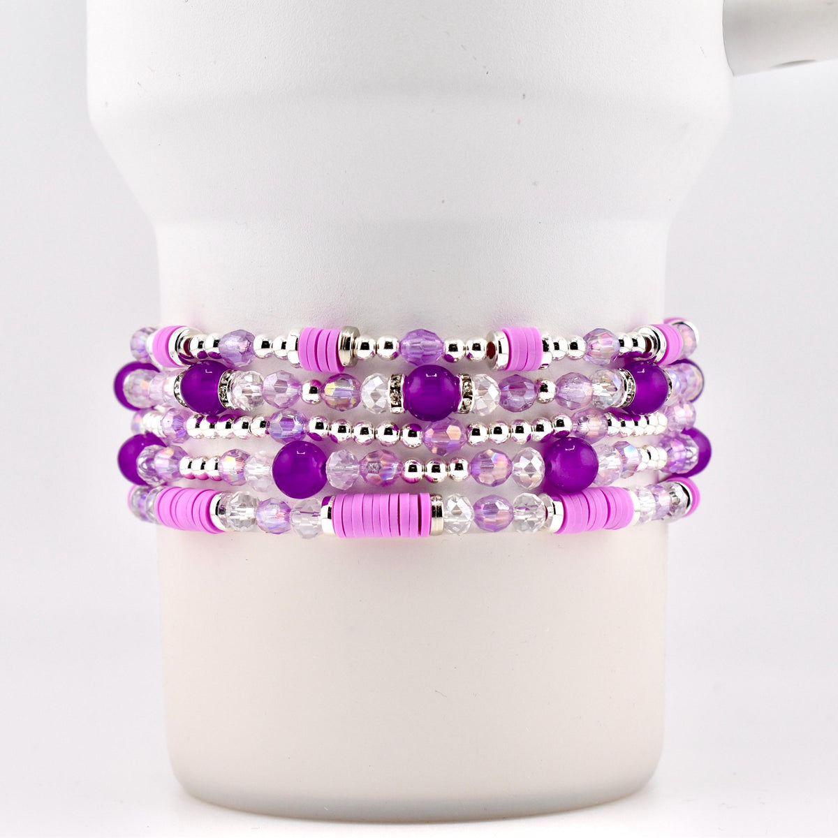 Sparkling Lilac Purple Bracelet Collection: Purple and Silver Beaded Stackable Bracelets