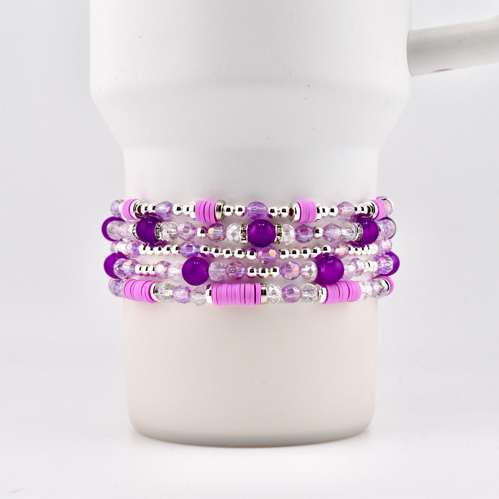 Sparkling Lilac Purple Bracelet Collection: Purple and Silver Beaded Stackable Bracelets