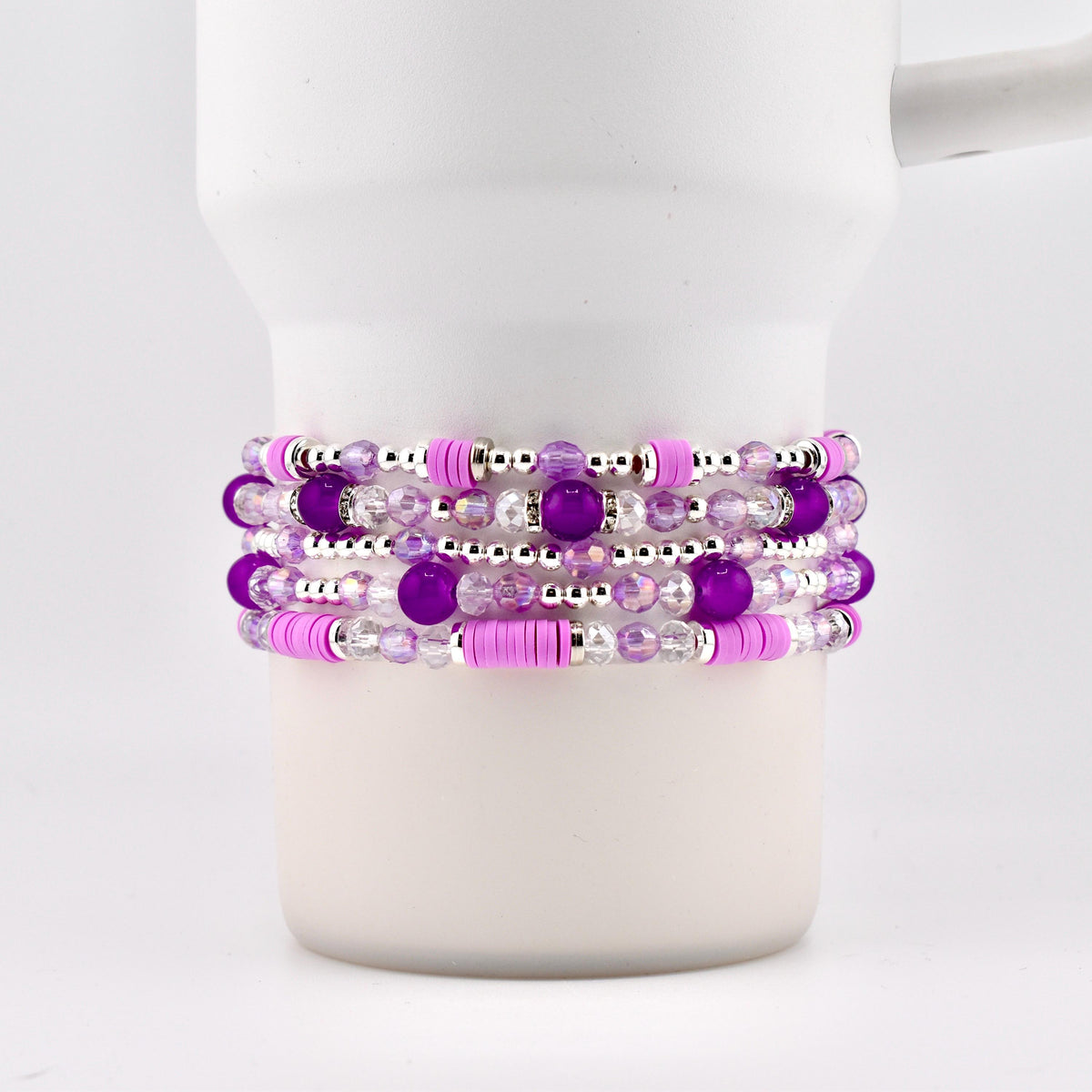 Sparkling Lilac Purple Bracelet Collection: Purple and Silver Beaded Stackable Bracelets