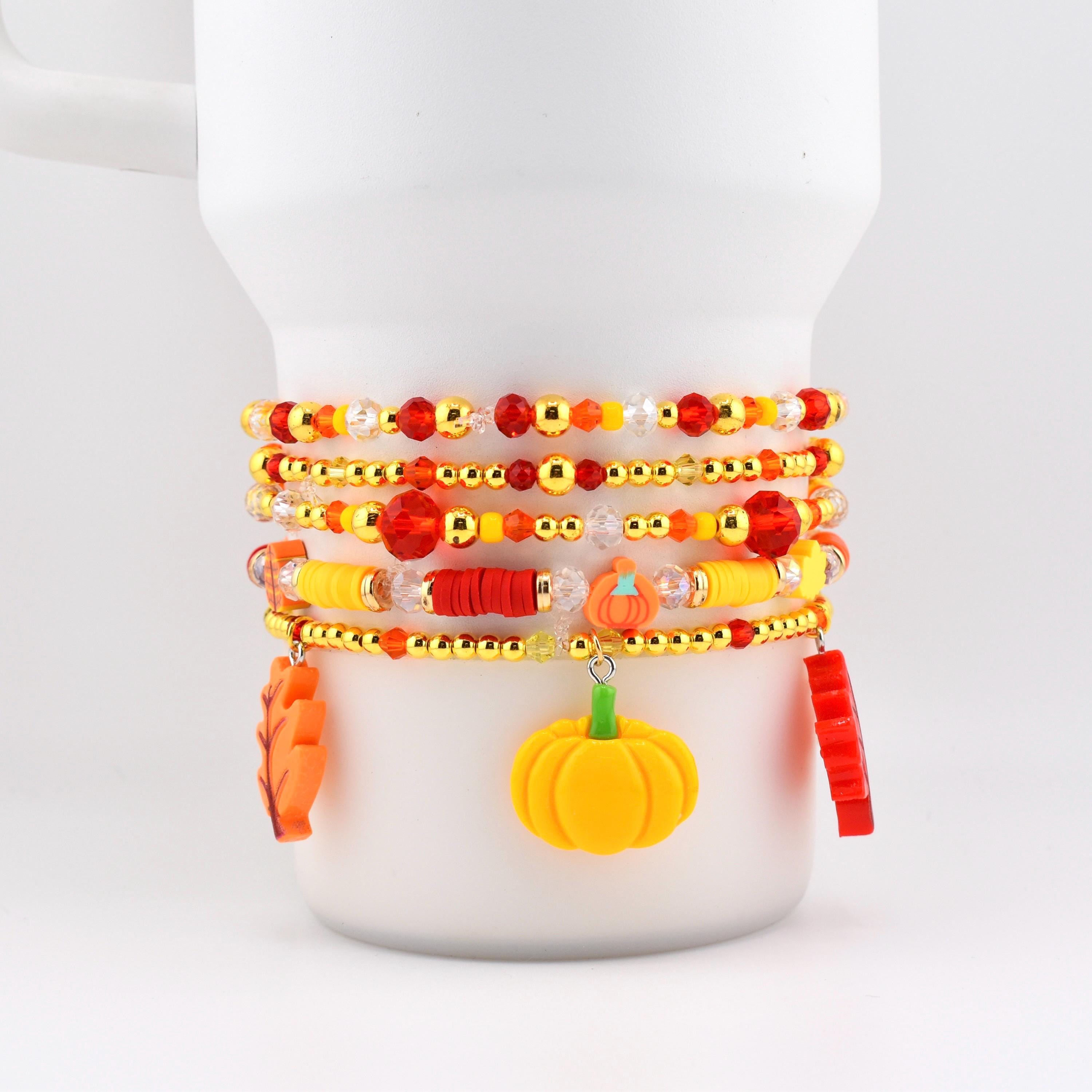 Fall Beaded Bracelet Stack: Pumpkin Leaf and Acorn Charm Bracelets for Wrist or Tumbler | Autumn Bracelet Set of 5