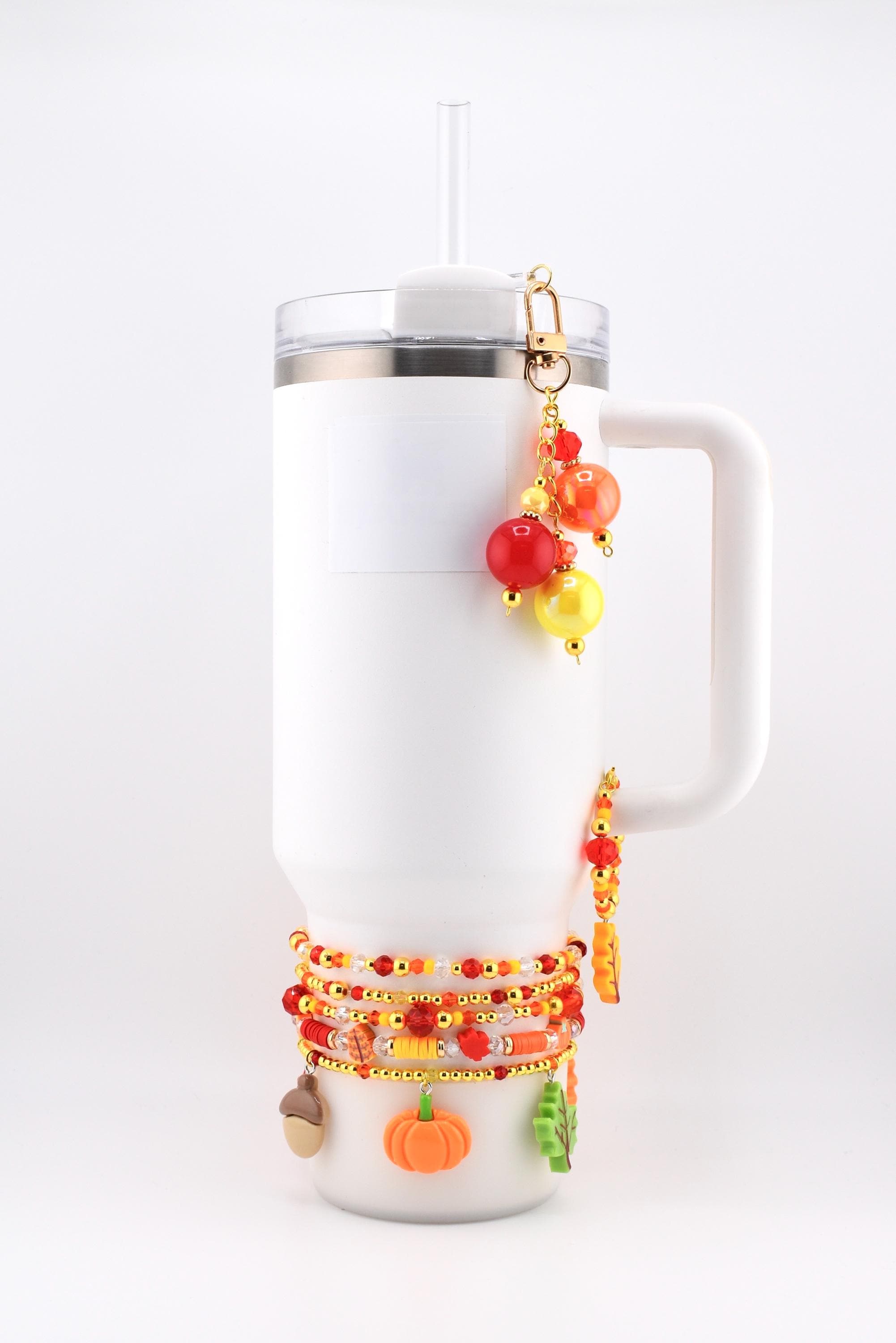 Fall Colored Tumbler Charm with 20mm Bubblegum Beads - Flip or 10mm Straw Adapter