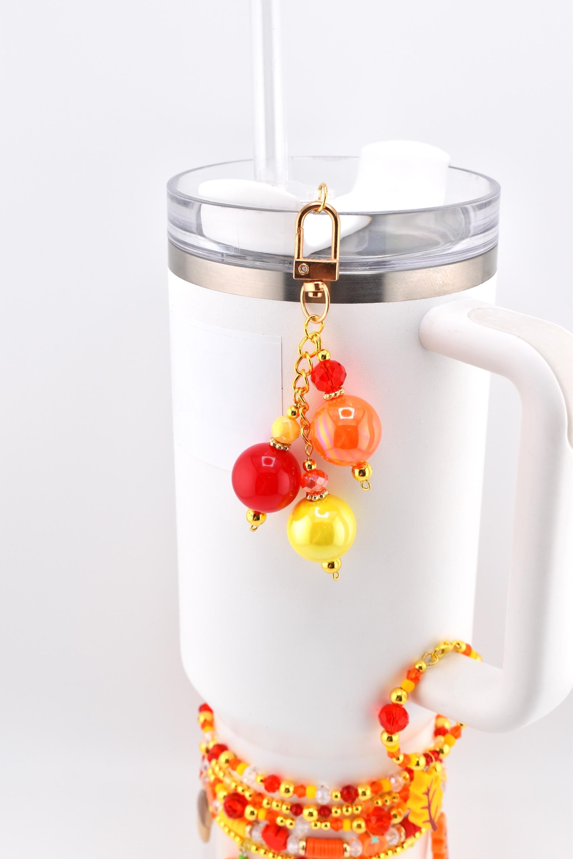 Fall Colored Tumbler Charm with 20mm Bubblegum Beads - Flip or 10mm Straw Adapter