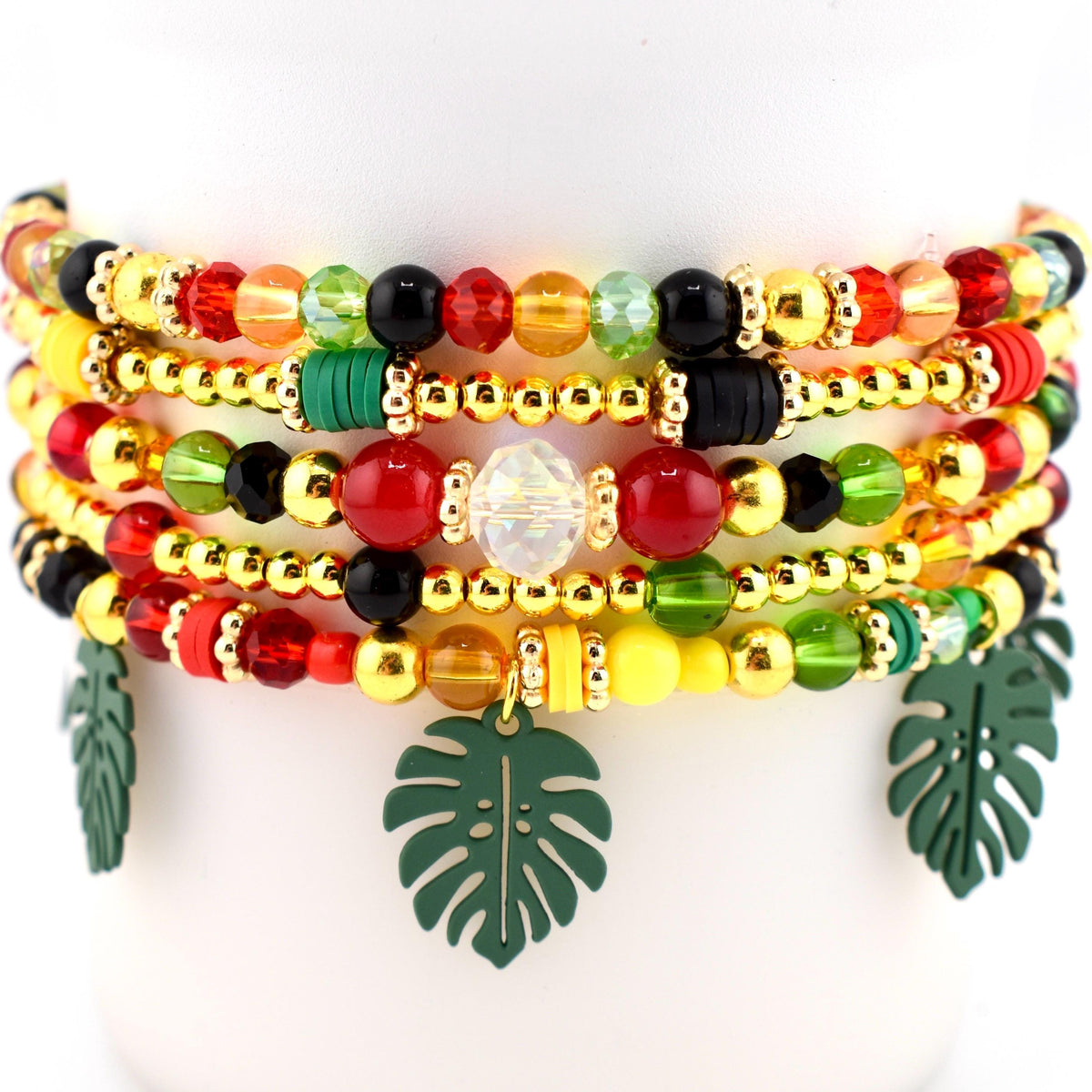 Tropical Rio Woods Bracelet Collection: Gold Red Yellow Green and Black Beaded Bracelets