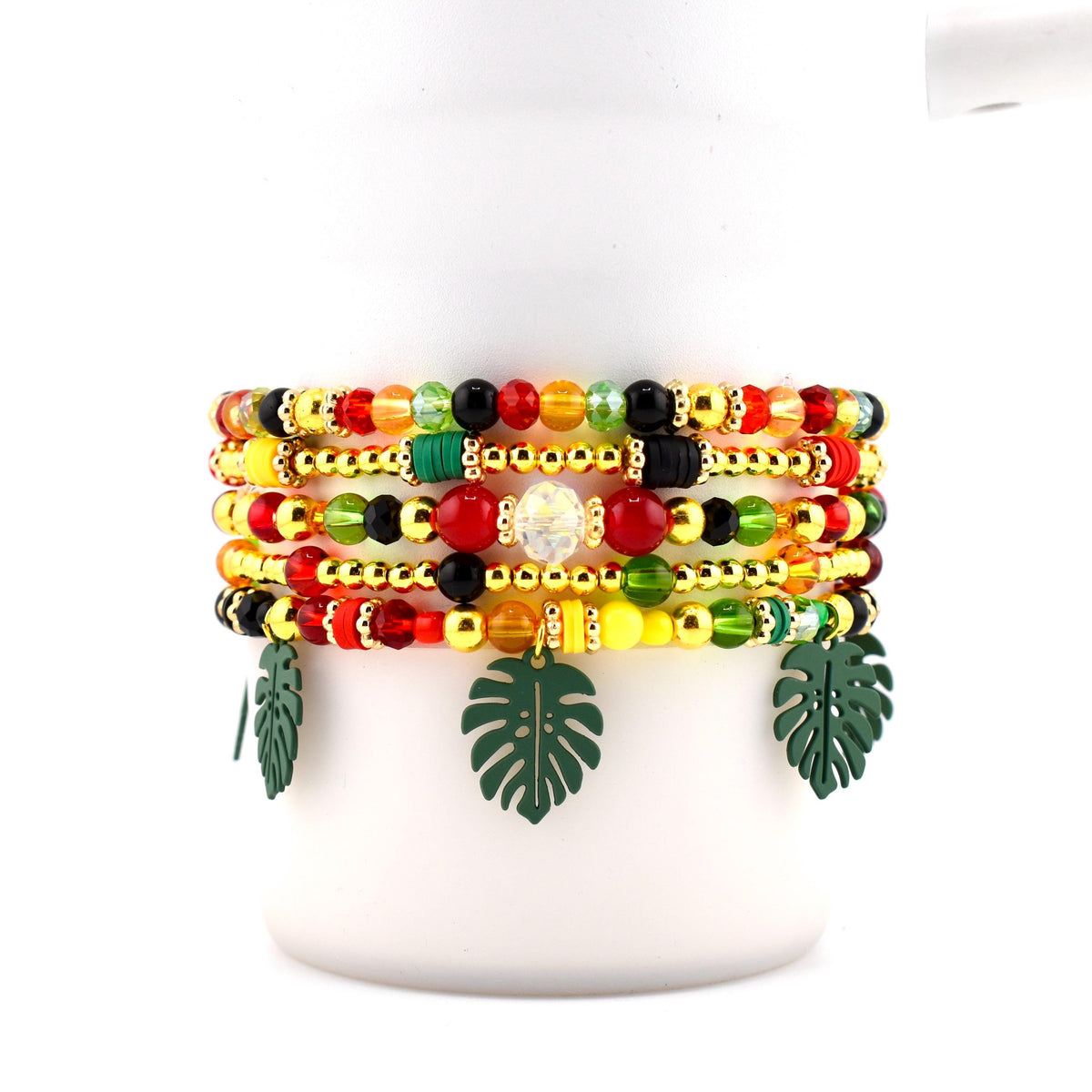 Tropical Rio Woods Bracelet Collection: Gold Red Yellow Green and Black Beaded Bracelets