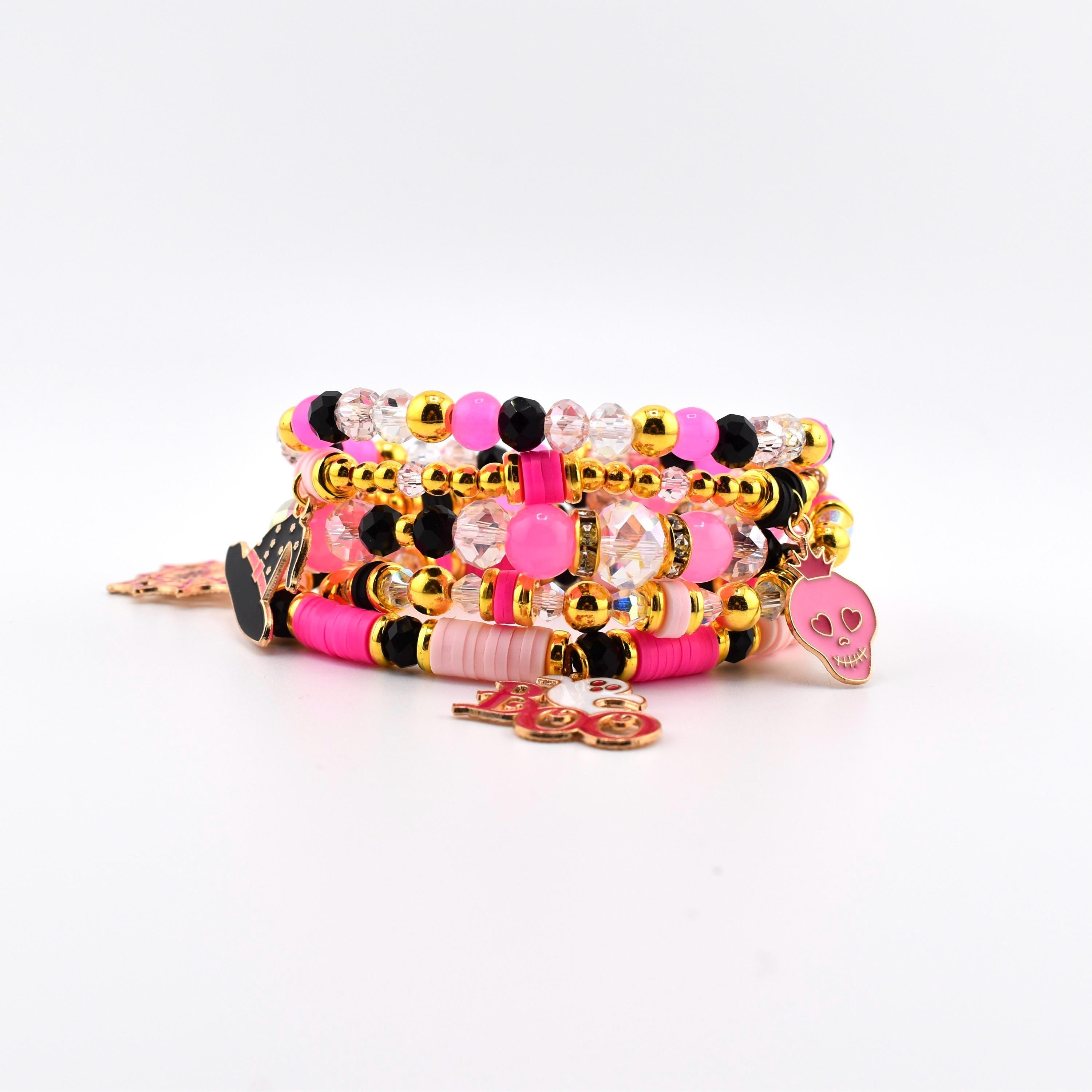 Pink and Black Halloween Charm Bracelet Set of 5