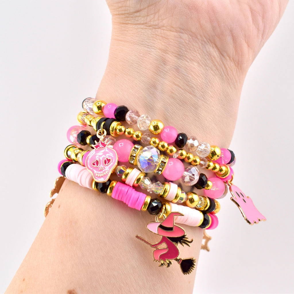 Pink and Black Halloween Charm Bracelet Set of 5