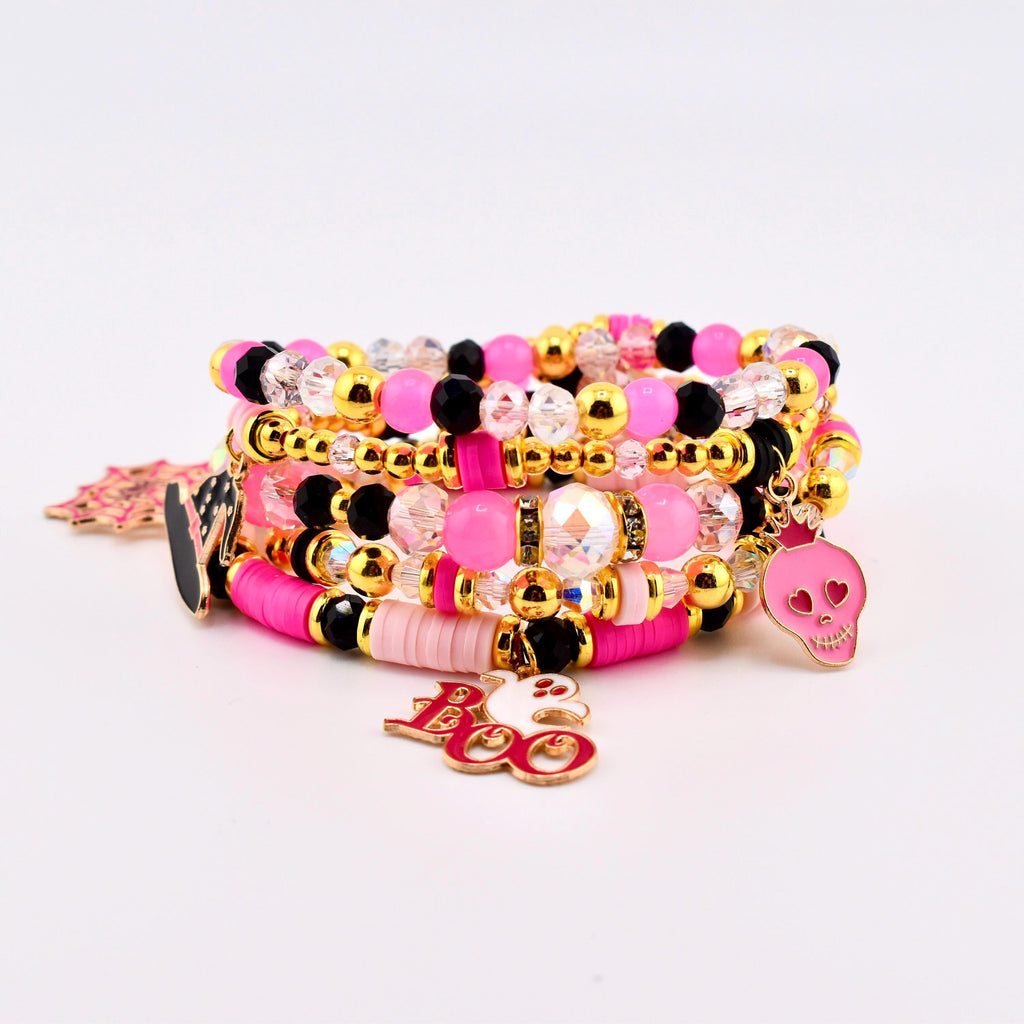 Pink and Black Halloween Charm Bracelet Set of 5