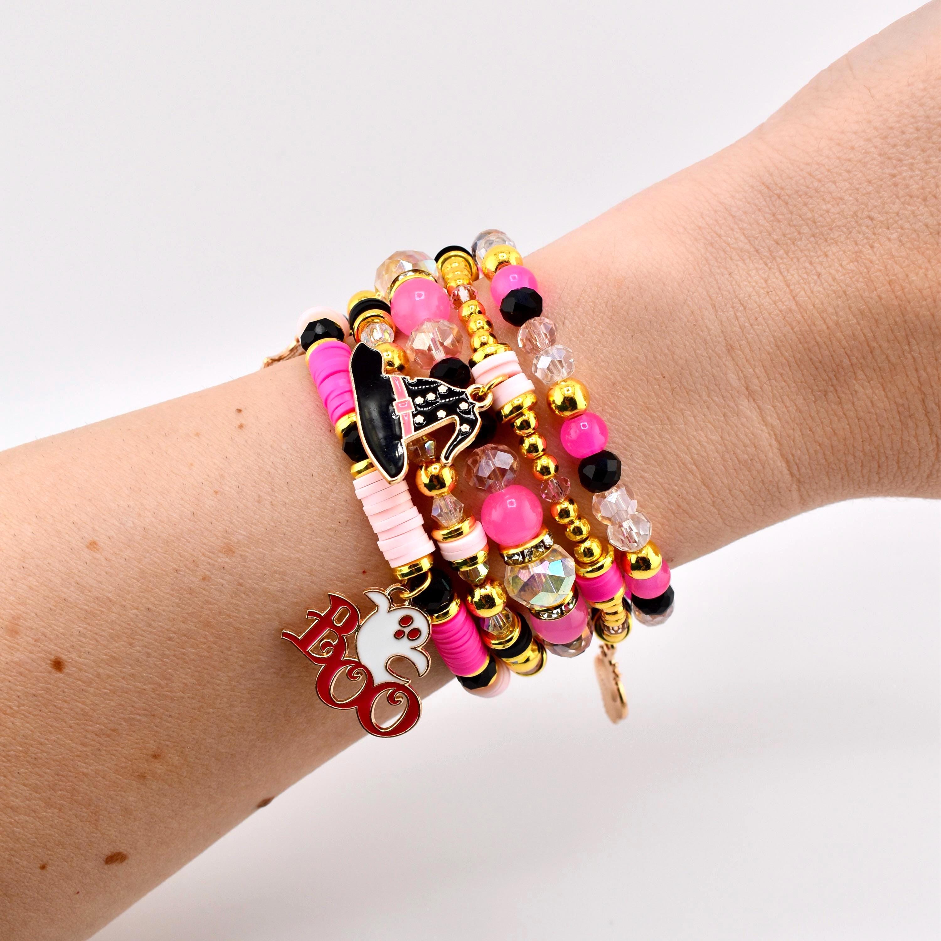 Pink and Black Halloween Charm Bracelet Set of 5