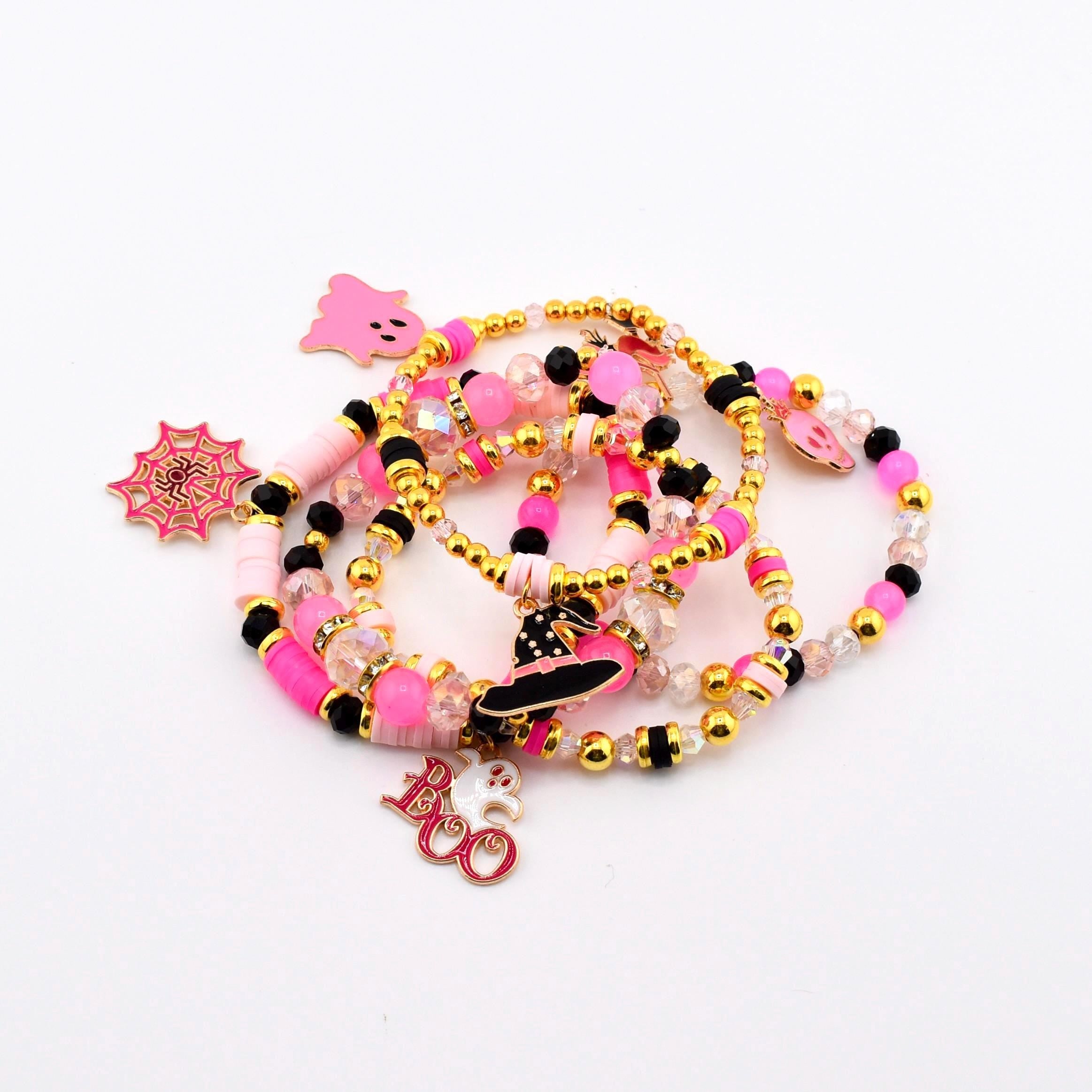 Pink and Black Halloween Charm Bracelet Set of 5