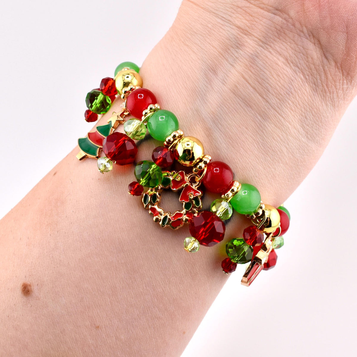 Christmas Charm Bracelet: Red Green and Gold Handmade Beaded Holiday Bracelet