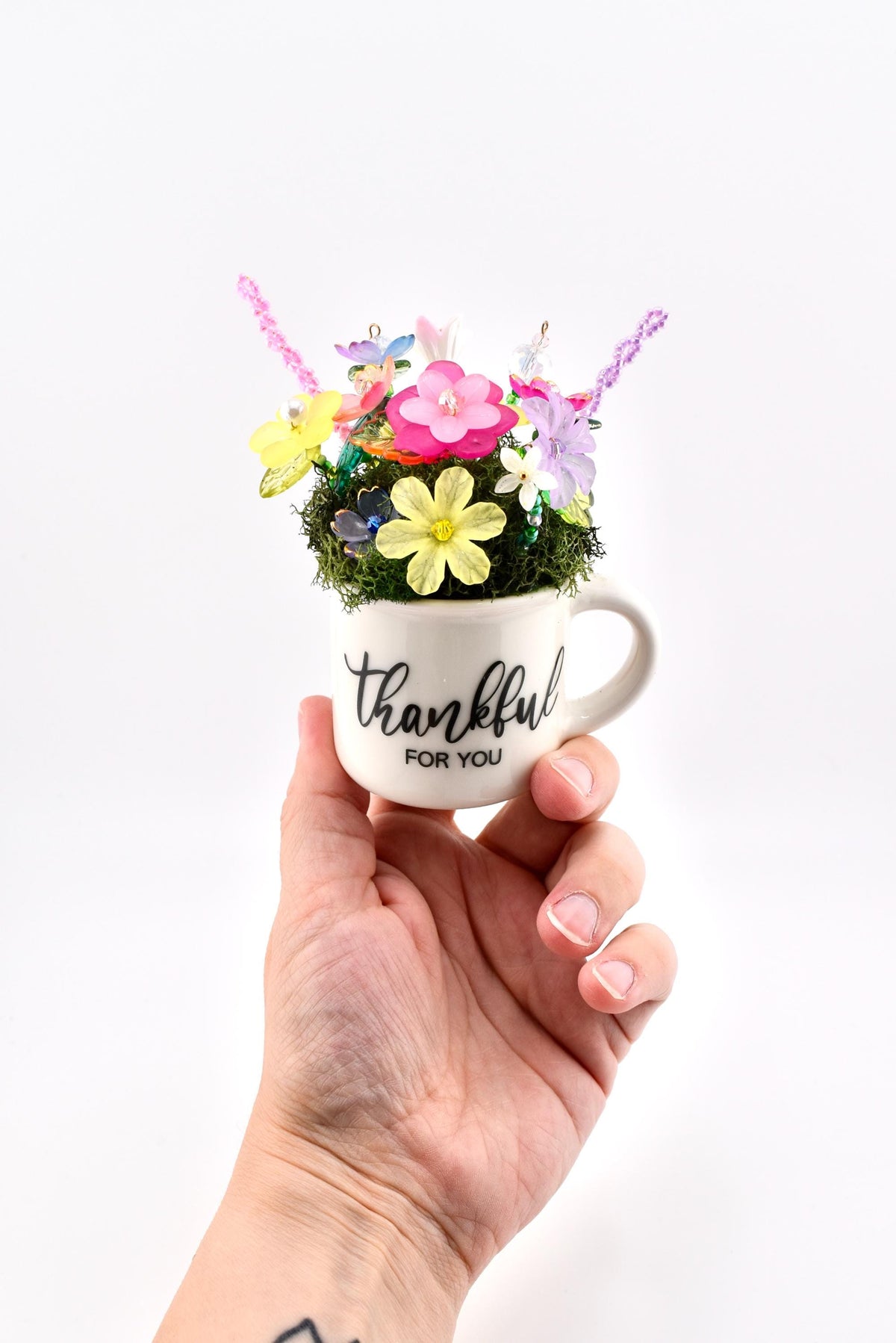 Beaded Flower Bouquet in Mini Mug with Thankful for You Design