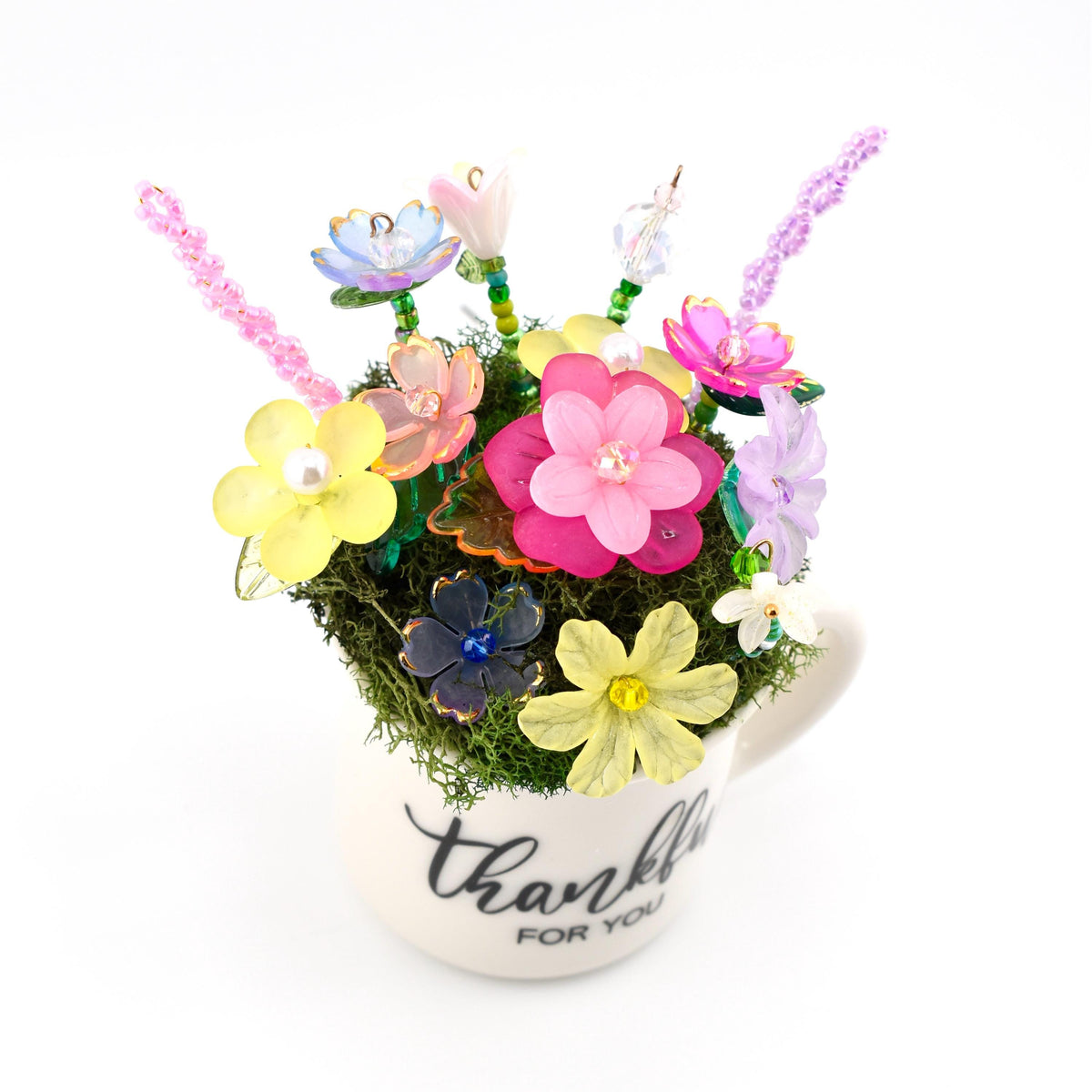 Beaded Flower Bouquet in Mini Mug with Thankful for You Design
