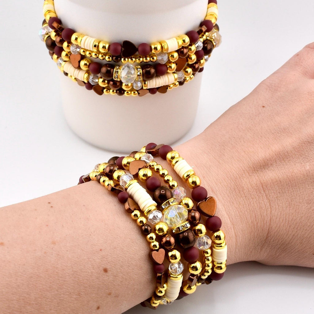 Fall Cabernet Bracelet Collection: Maroon, Gold, and Bronze Beaded Bracelets