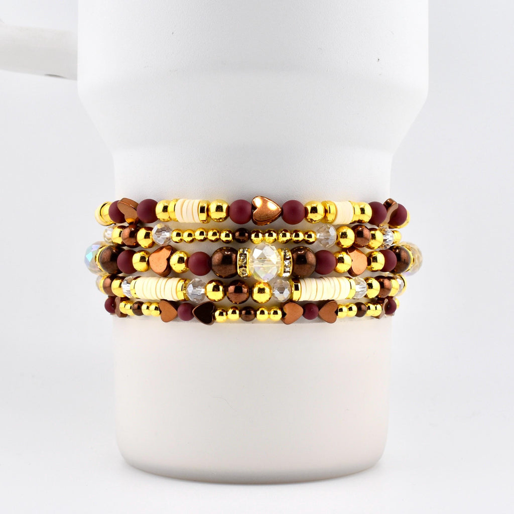Fall Cabernet Bracelet Collection: Maroon, Gold, and Bronze Beaded Bracelets