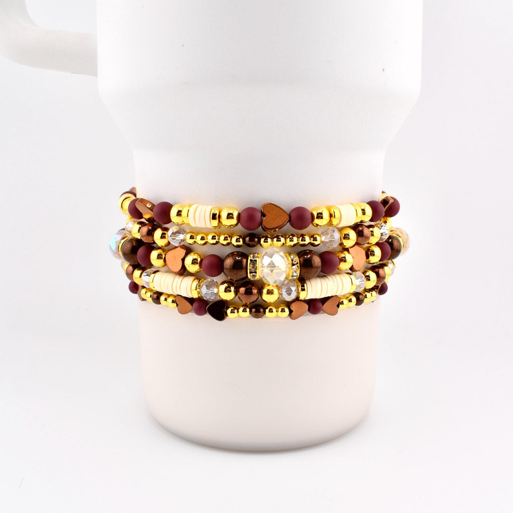 Fall Cabernet Bracelet Collection: Maroon, Gold, and Bronze Beaded Bracelets