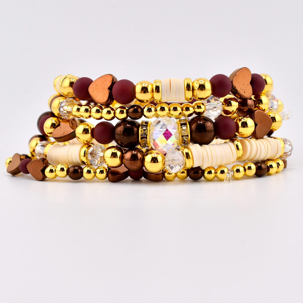 Fall Cabernet Bracelet Collection: Maroon, Gold, and Bronze Beaded Bracelets