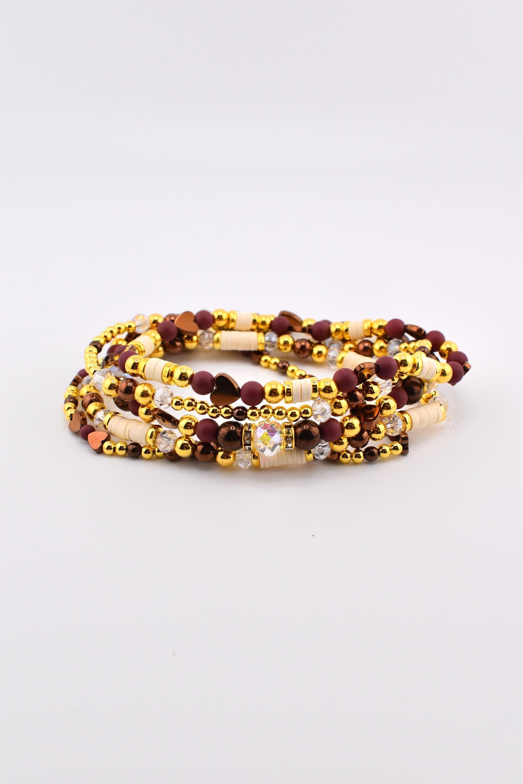 Fall Cabernet Bracelet Collection: Maroon, Gold, and Bronze Beaded Bracelets