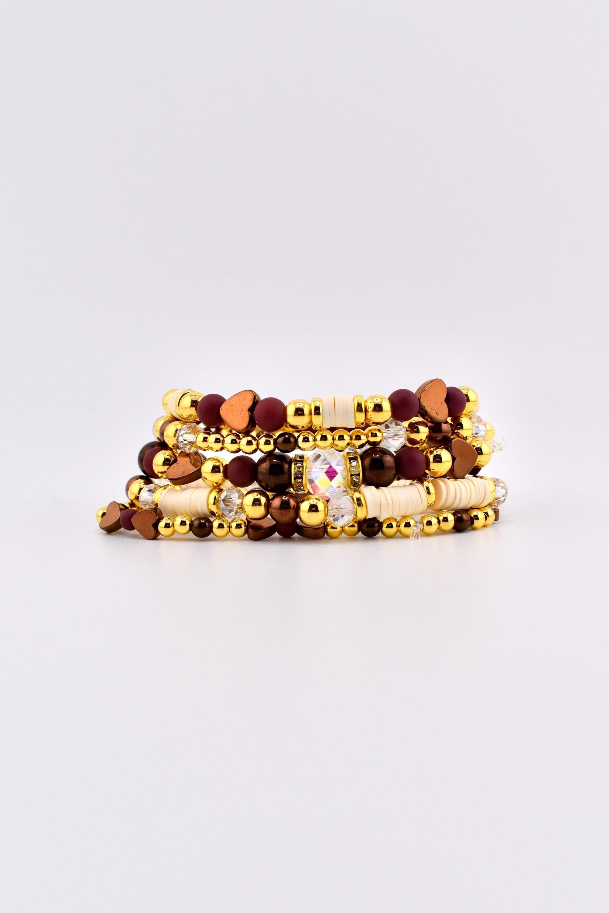 Fall Cabernet Bracelet Collection: Maroon, Gold, and Bronze Beaded Bracelets