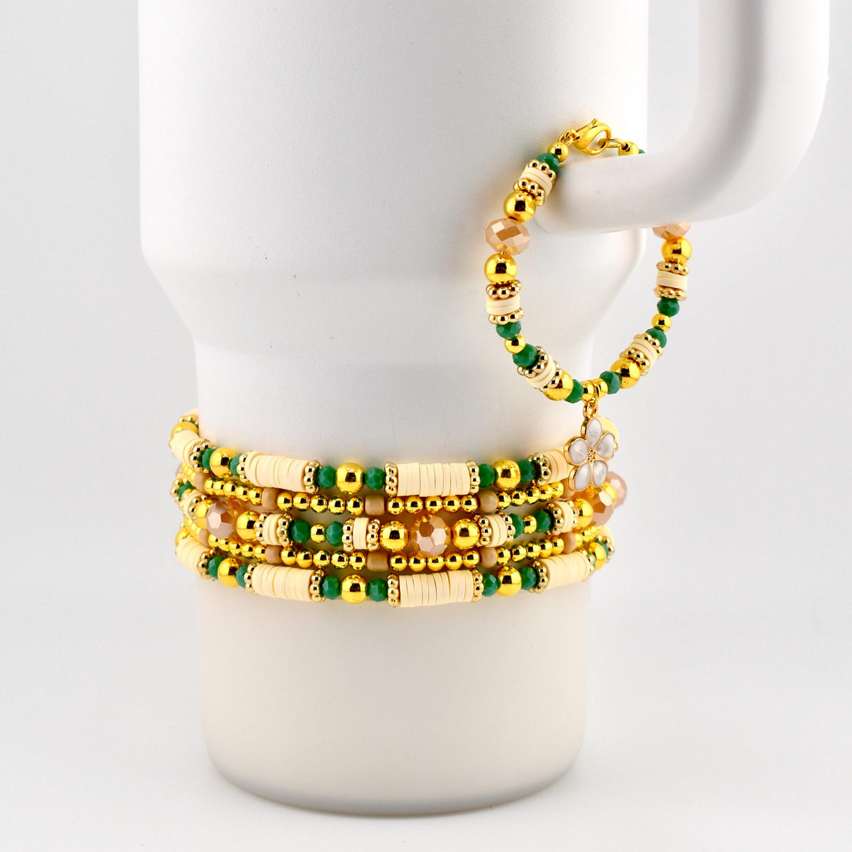 Heirloom Floral Cream Bracelet Collection: Green Gold and Cream Beaded Handmade Bracelets