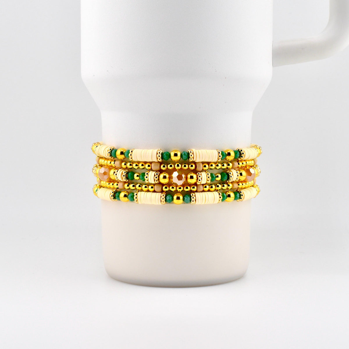 Heirloom Floral Cream Bracelet Collection: Green Gold and Cream Beaded Handmade Bracelets