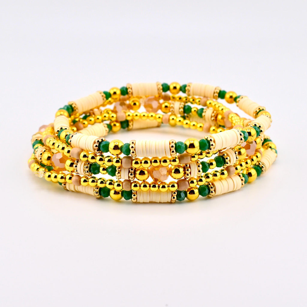 Heirloom Floral Cream Bracelet Collection: Green Gold and Cream Beaded Handmade Bracelets