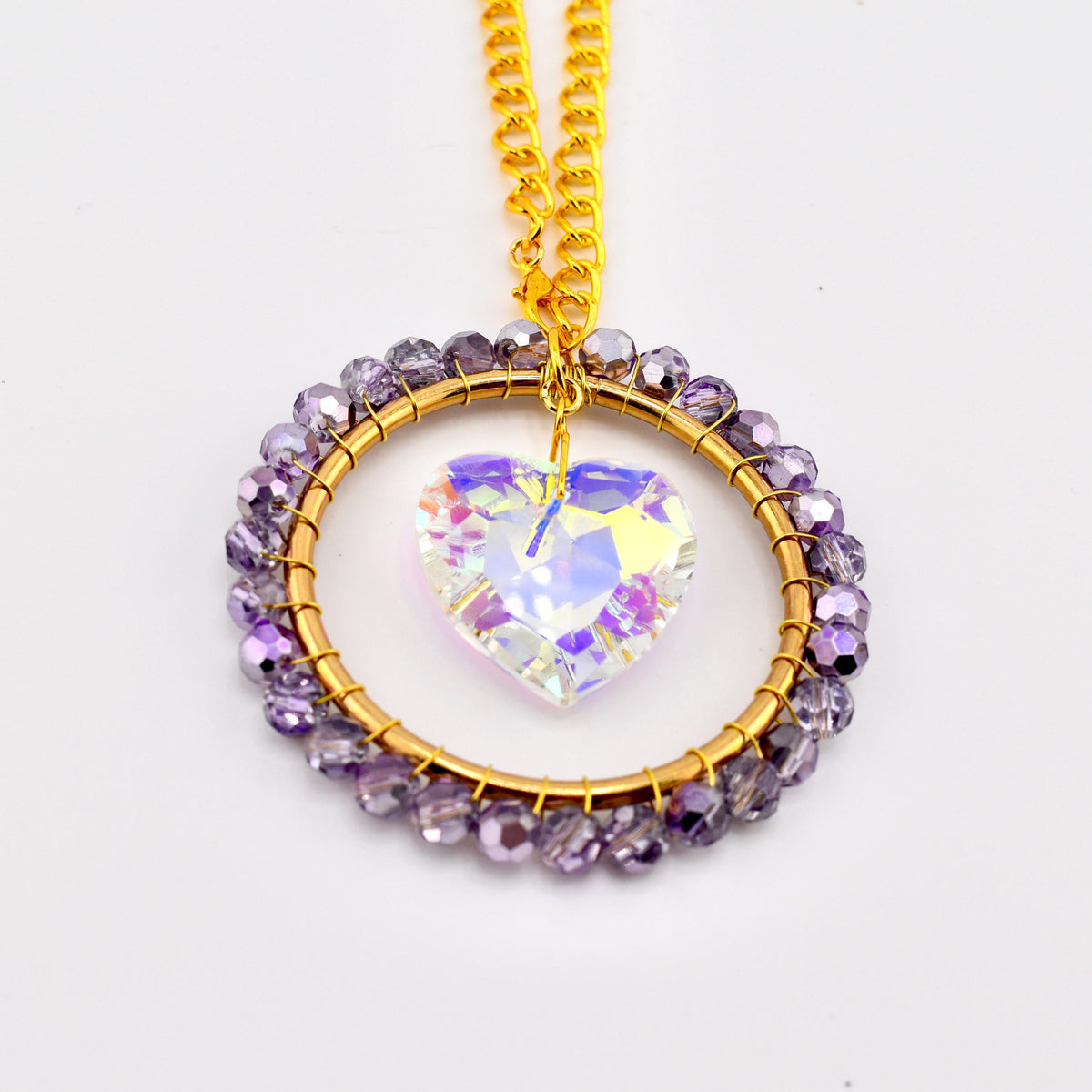 Purple Beaded Suncatcher with Crystal Heart - Handmade Window Charm