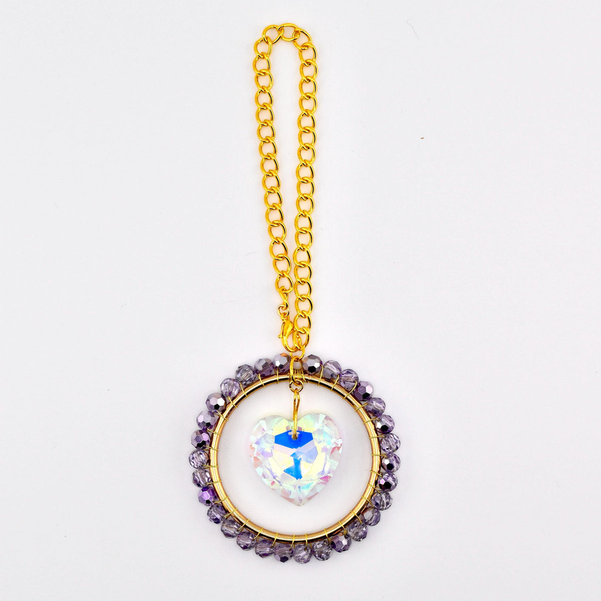 Purple Beaded Suncatcher with Crystal Heart - Handmade Window Charm