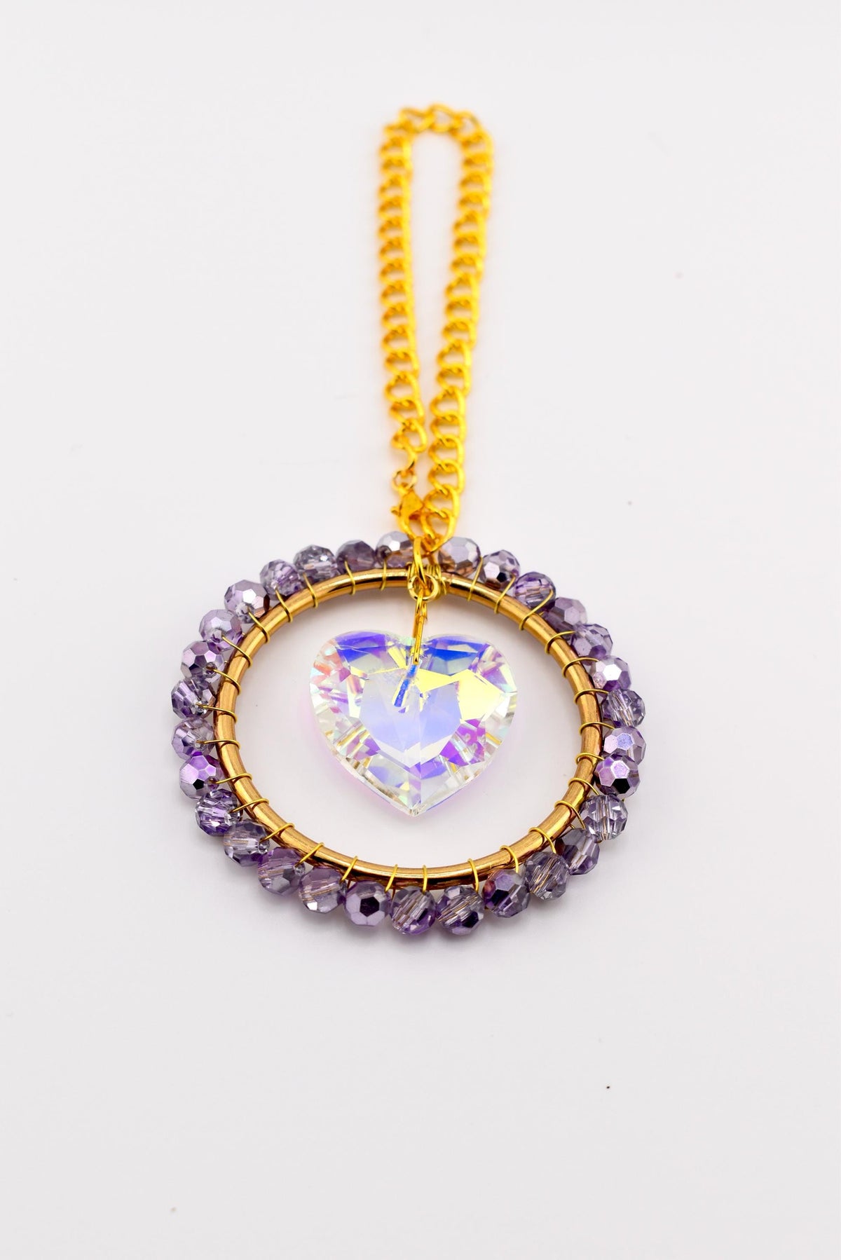 Purple Beaded Suncatcher with Crystal Heart - Handmade Window Charm