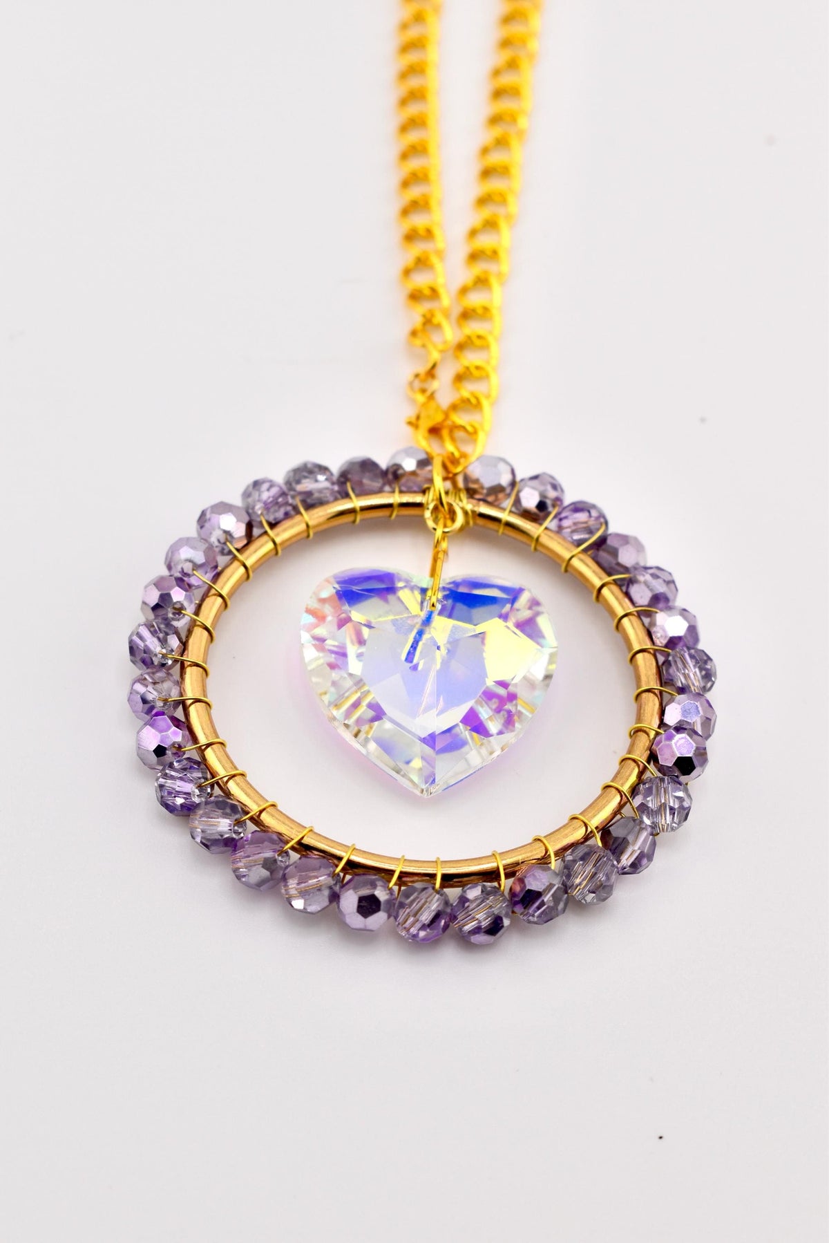 Purple Beaded Suncatcher with Crystal Heart - Handmade Window Charm