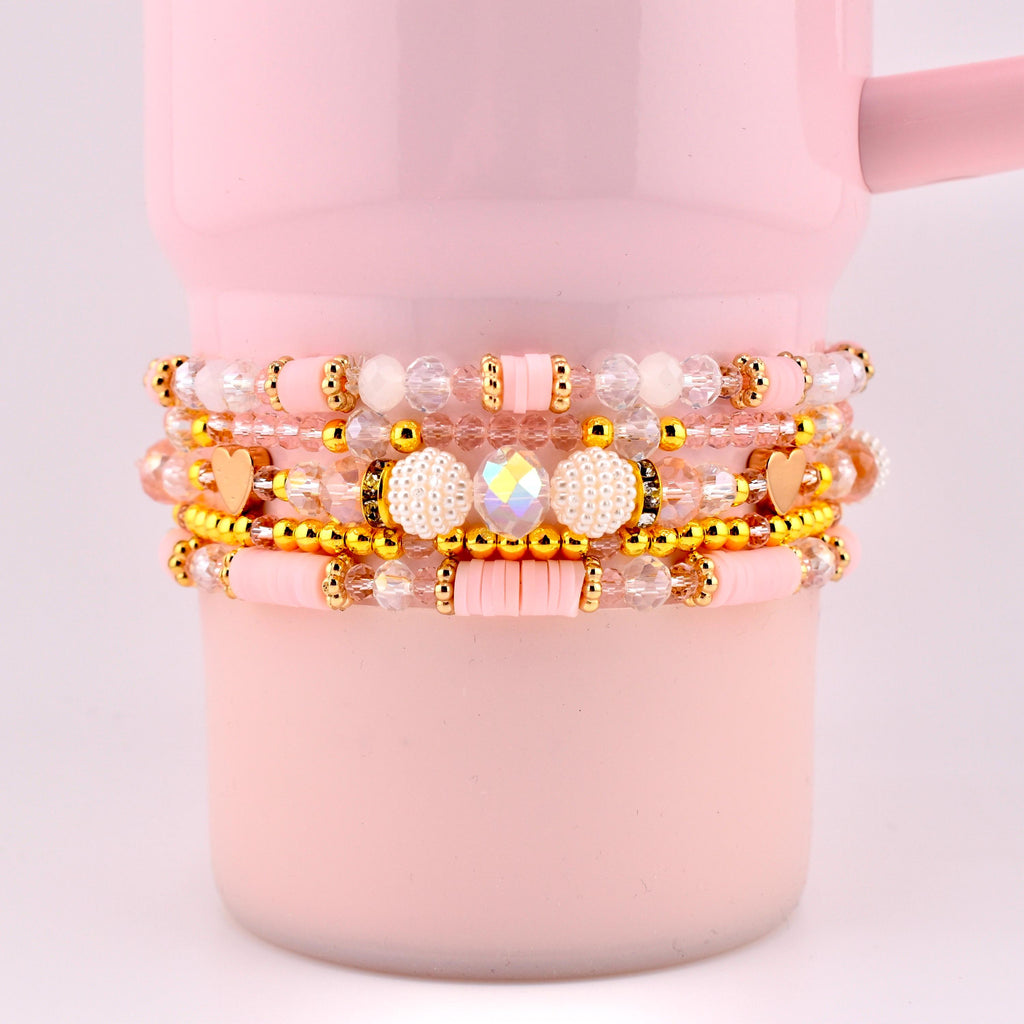 Blossom Gloss Bracelet Collection: Light Pink and Gold Stackable Bracelets