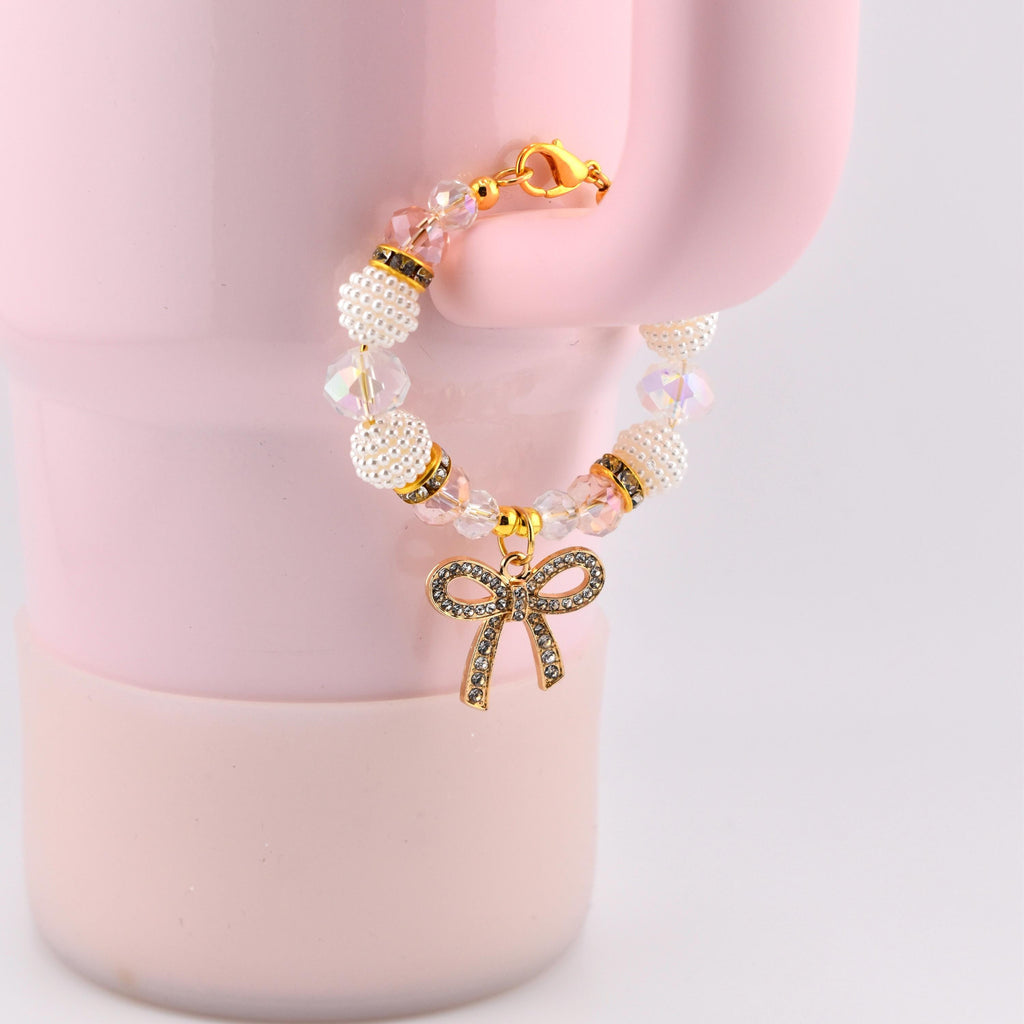 Blossom Gloss Tumbler Handle Charm Bracelet with Gold Rhinestone Bow Charm