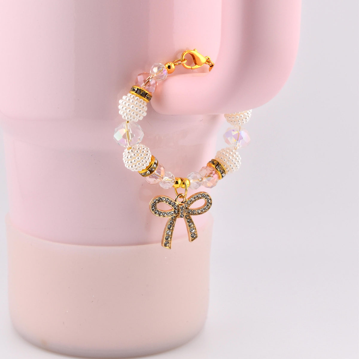 Blossom Gloss Tumbler Handle Charm Bracelet with Gold Rhinestone Bow Charm