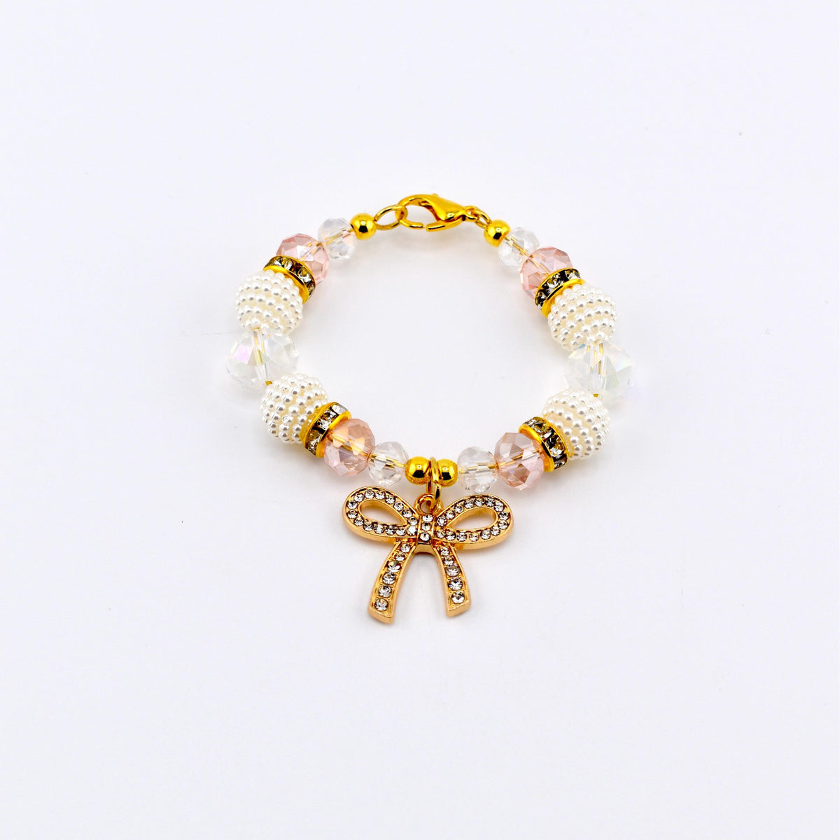 Blossom Gloss Tumbler Handle Charm Bracelet with Gold Rhinestone Bow Charm