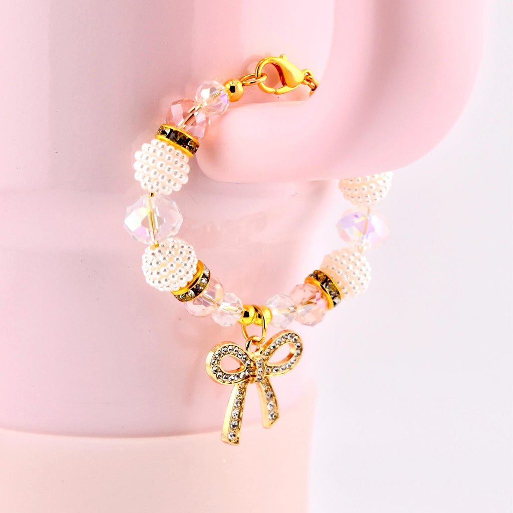 Blossom Gloss Tumbler Handle Charm Bracelet with Gold Rhinestone Bow Charm