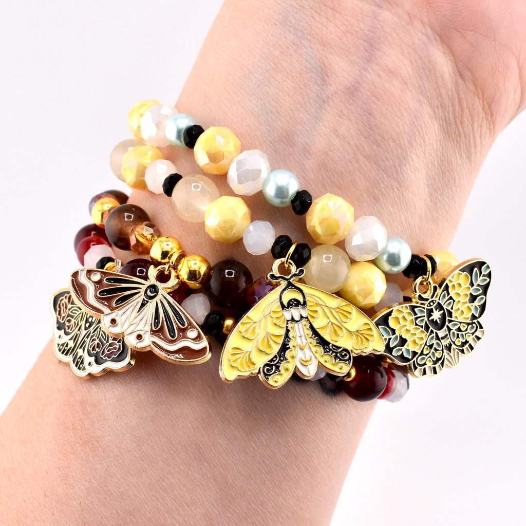 Moth Charm Beaded Stretch Bracelet | Celestial Enamel Moth Jewelry | Choose Your Color