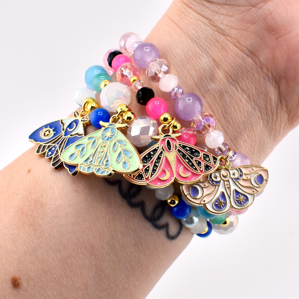 Moth Charm Beaded Stretch Bracelet | Celestial Enamel Moth Jewelry | Choose Your Color