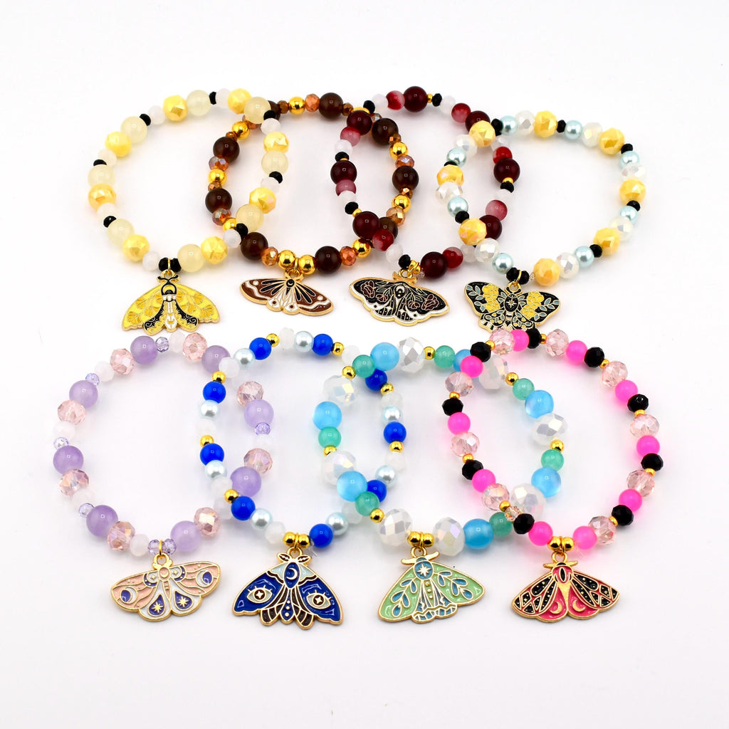 Moth Charm Beaded Stretch Bracelet | Celestial Enamel Moth Jewelry | Choose Your Color