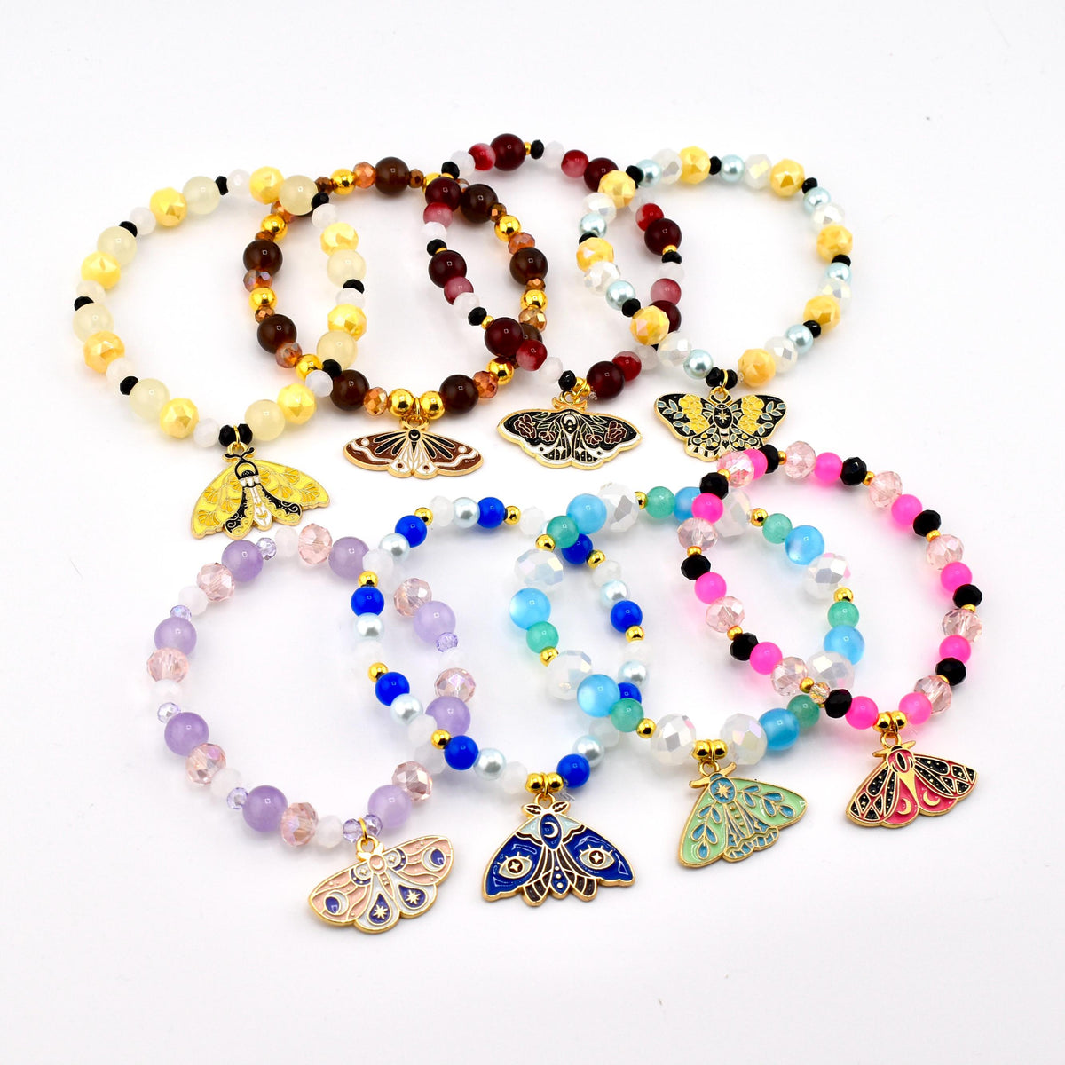 Moth Charm Beaded Stretch Bracelet | Celestial Enamel Moth Jewelry | Choose Your Color
