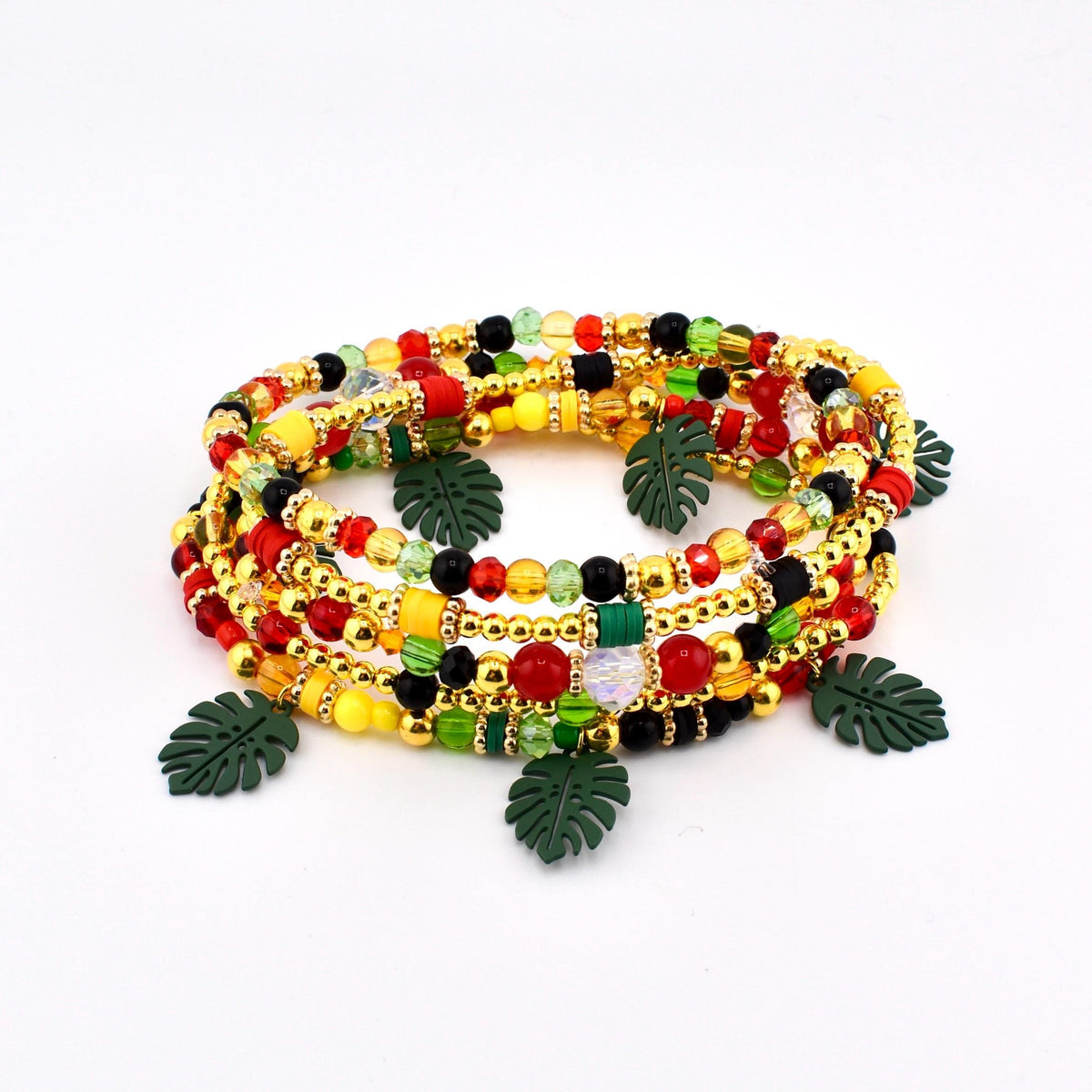 Tropical Rio Woods Bracelet Collection: Gold Red Yellow Green and Black Beaded Bracelets