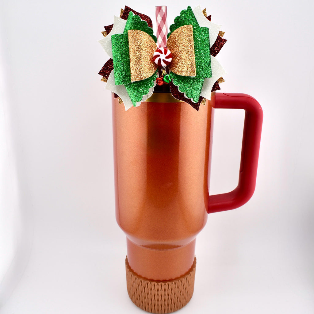 Christmas Tumbler Bow | Glitter Straw Bow for Tumbler, Peppermint Jingle Bell Tumbler Charm, Red Green Gold Holiday Water Bottle Bow