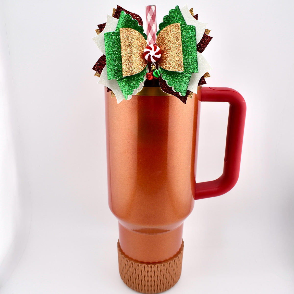 Christmas Tumbler Bow | Glitter Straw Bow for Tumbler, Peppermint Jingle Bell Tumbler Charm, Red Green Gold Holiday Water Bottle Bow