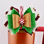 Christmas Tumbler Bow | Glitter Straw Bow for Tumbler, Peppermint Jingle Bell Tumbler Charm, Red Green Gold Holiday Water Bottle Bow
