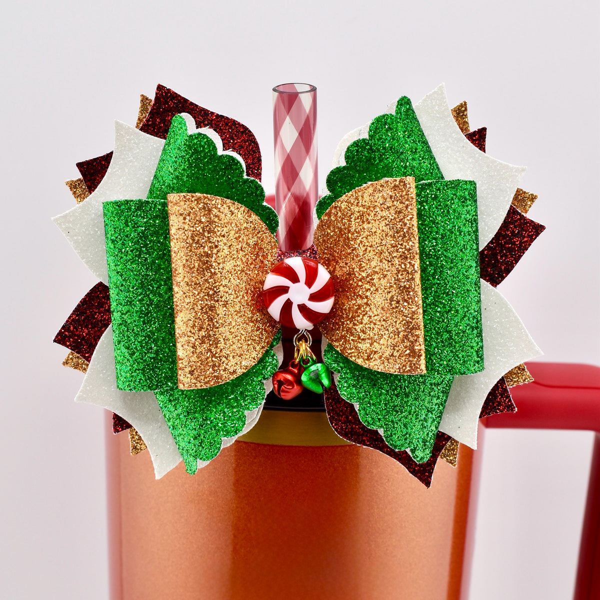 Christmas Tumbler Bow | Glitter Straw Bow for Tumbler, Peppermint Jingle Bell Tumbler Charm, Red Green Gold Holiday Water Bottle Bow