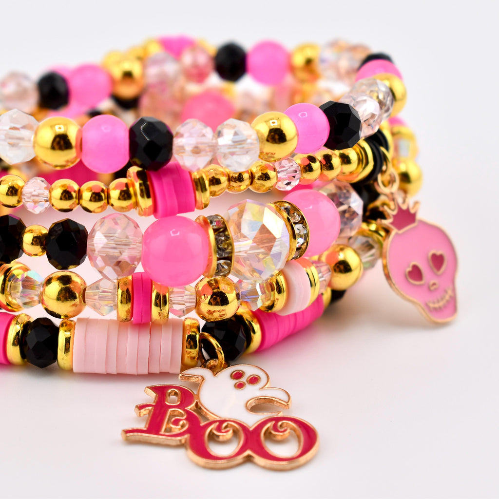 Pink and Black Halloween Charm Bracelet Set of 5