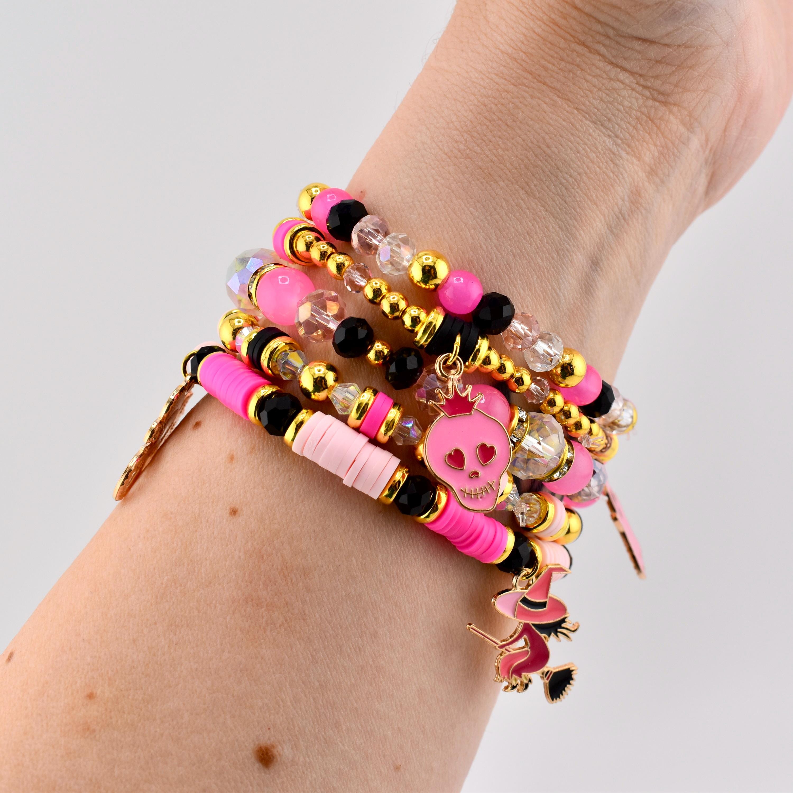 Pink and Black Halloween Charm Bracelet Set of 5